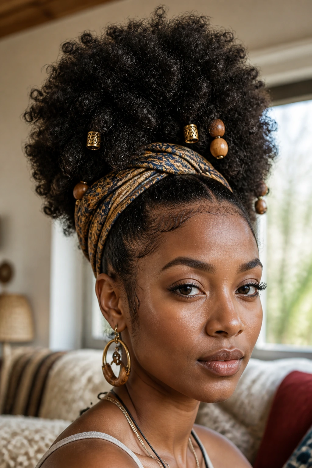 Close-up of a real woman with a voluminous afro-puff and accessories in a cozy room