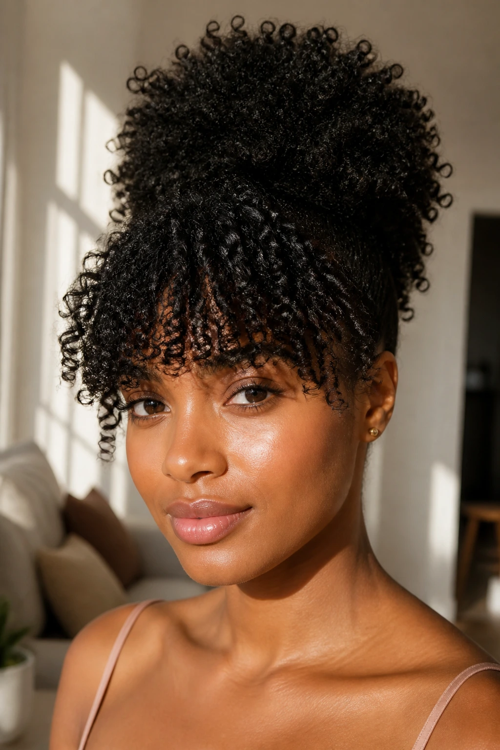 Real woman with an afro puff and soft voluminous bangs