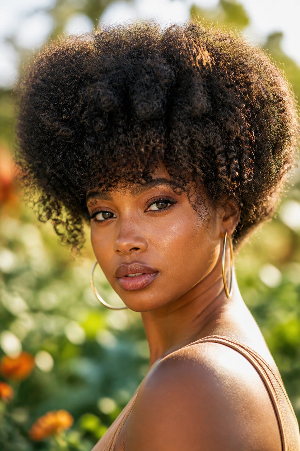Close-up of a woman with voluminous afro-textured puff bangs in golden hour light