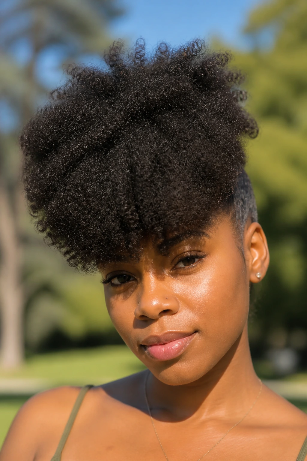 Close-up of a real person with a thick afro puff fringe