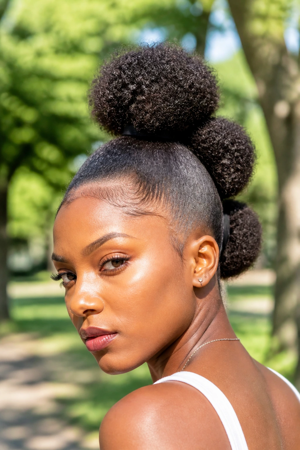 Portrait of a real person with three afro puffs forming a hawk silhouette outdoors in daylight.