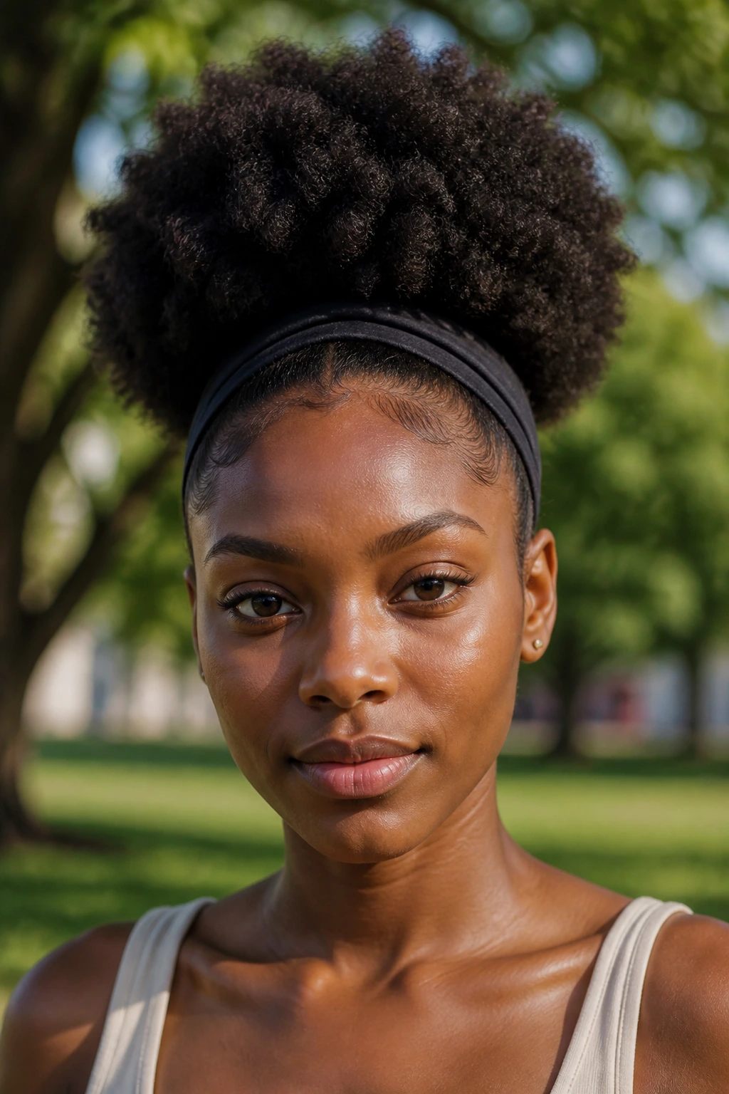 Close-up of a real woman with a bold afro-puff and headband outdoors