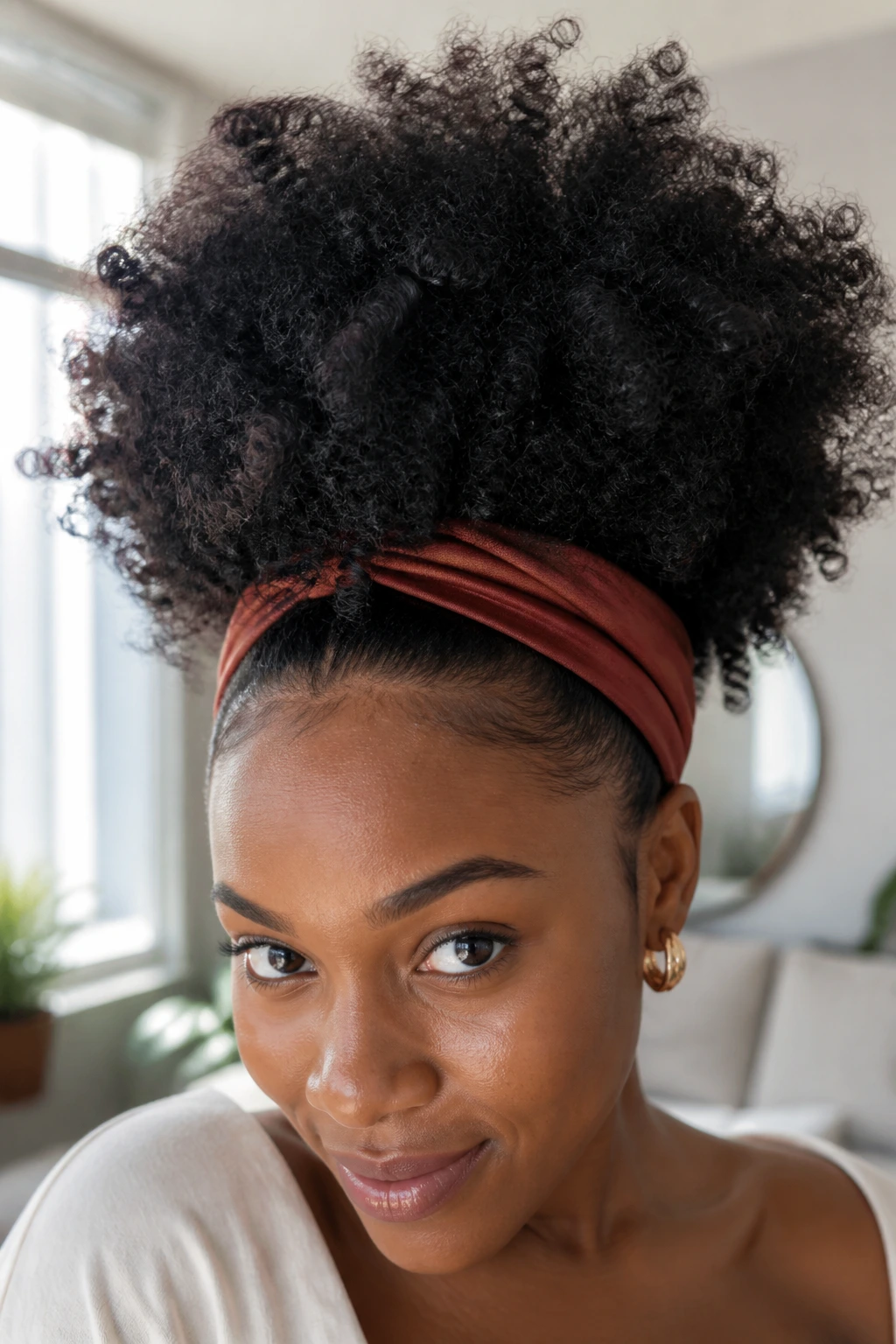 Afro-puff hairstyle with fabric headband on real woman