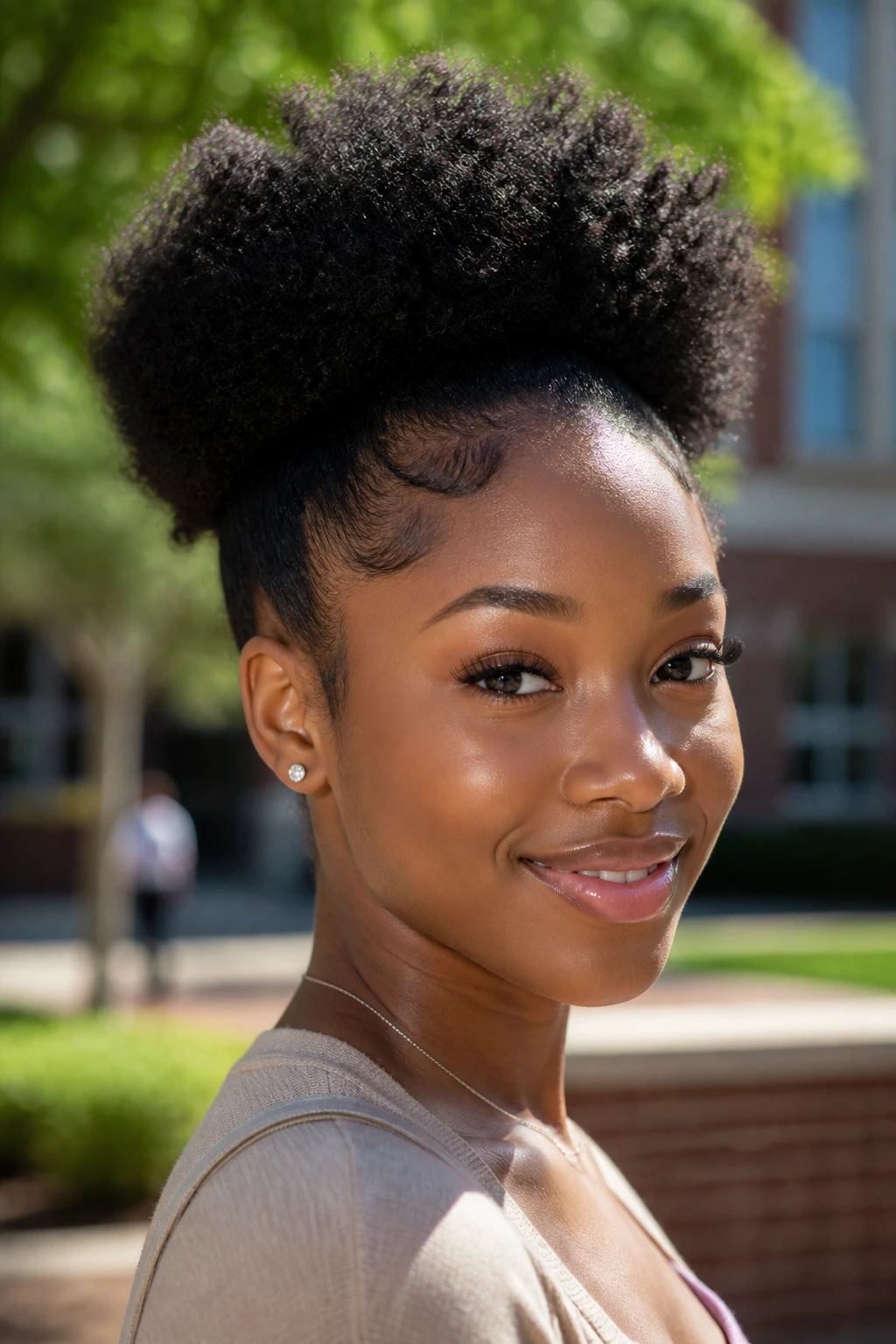 Close-up of a real woman with a natural afro puff in a sunlit campus courtyard.