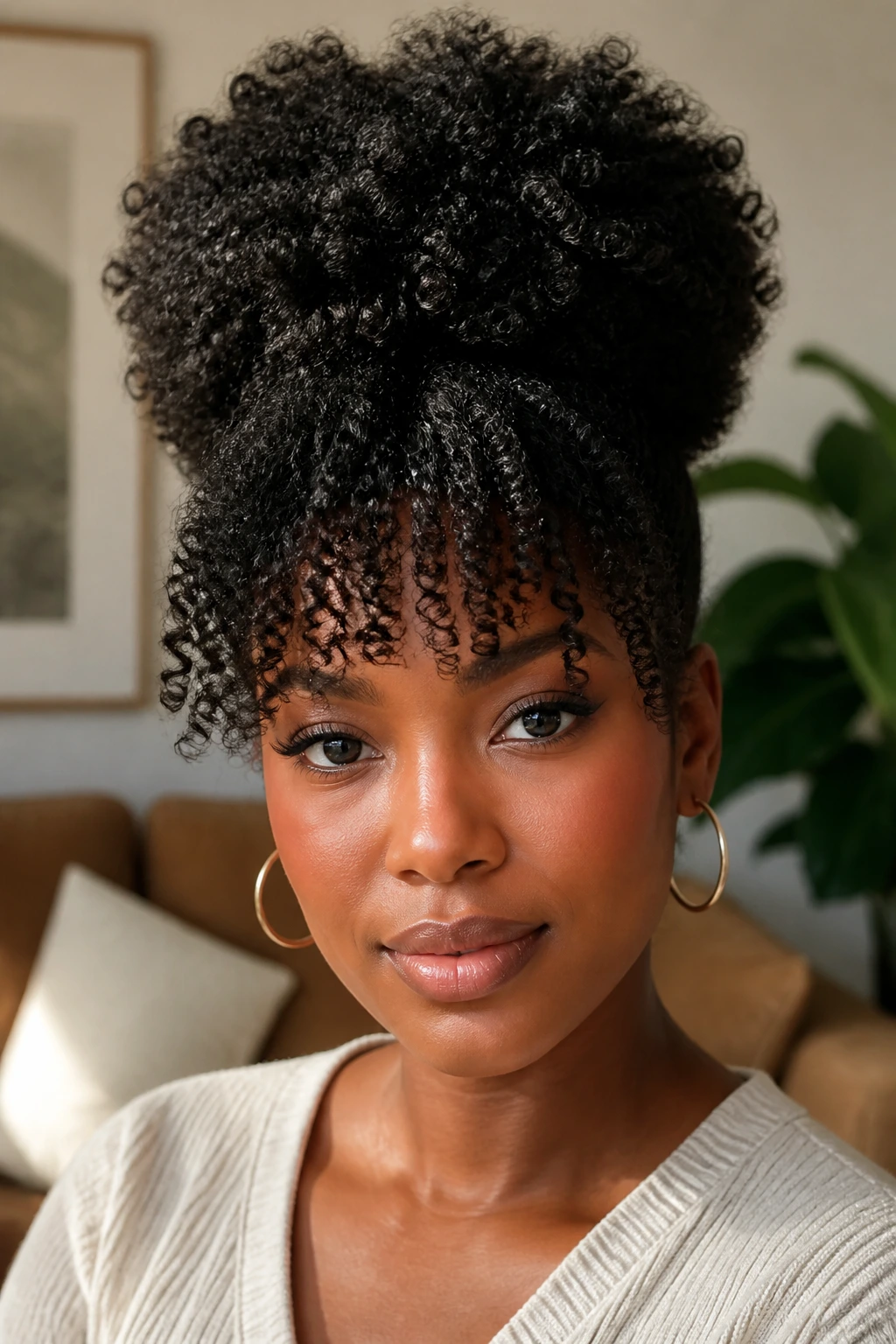 Close-up of a woman with an afro puff and ringlet fringe