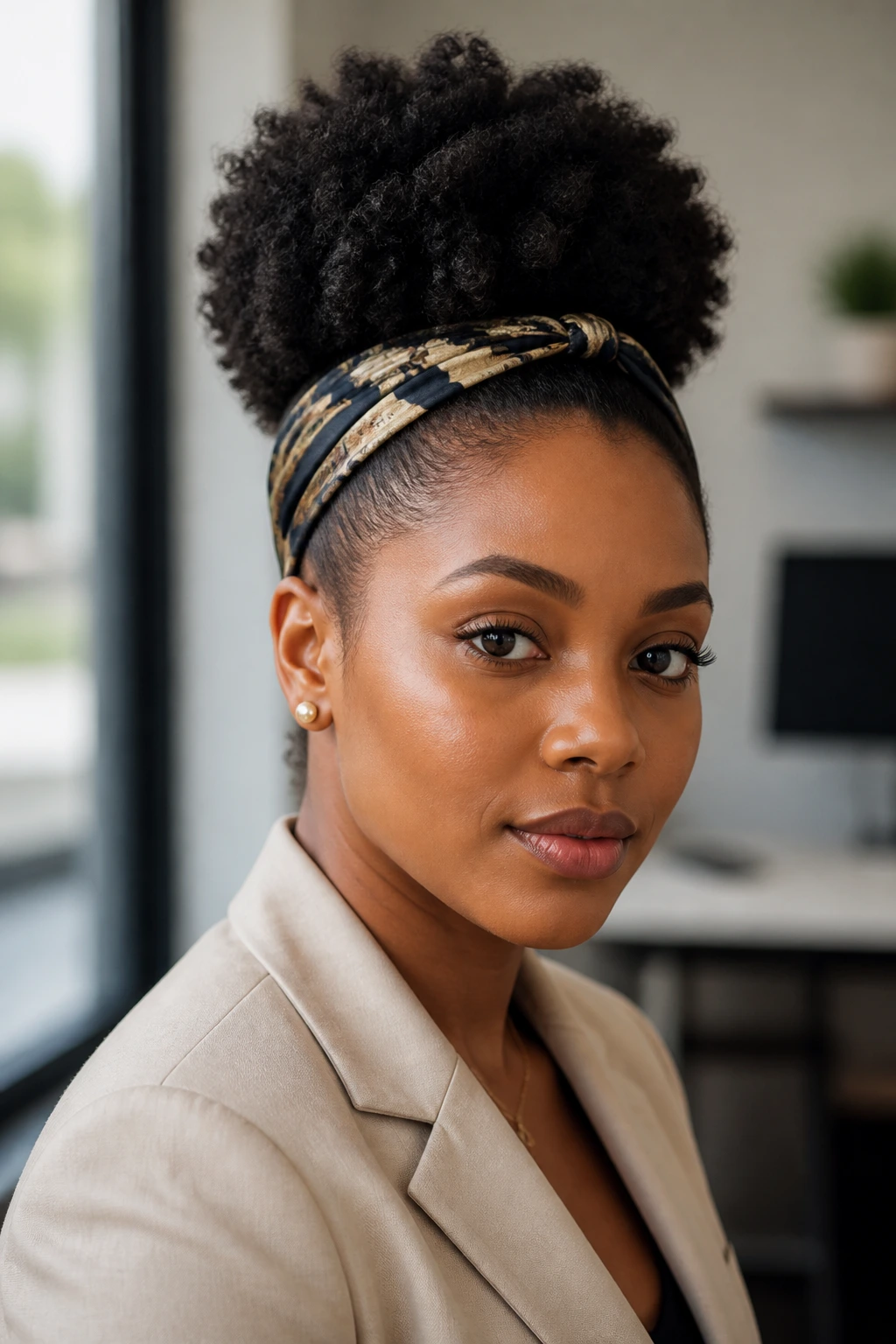 Close-up of a real person with afro puff and tapered sides wearing a silk scarf in a professional setting.