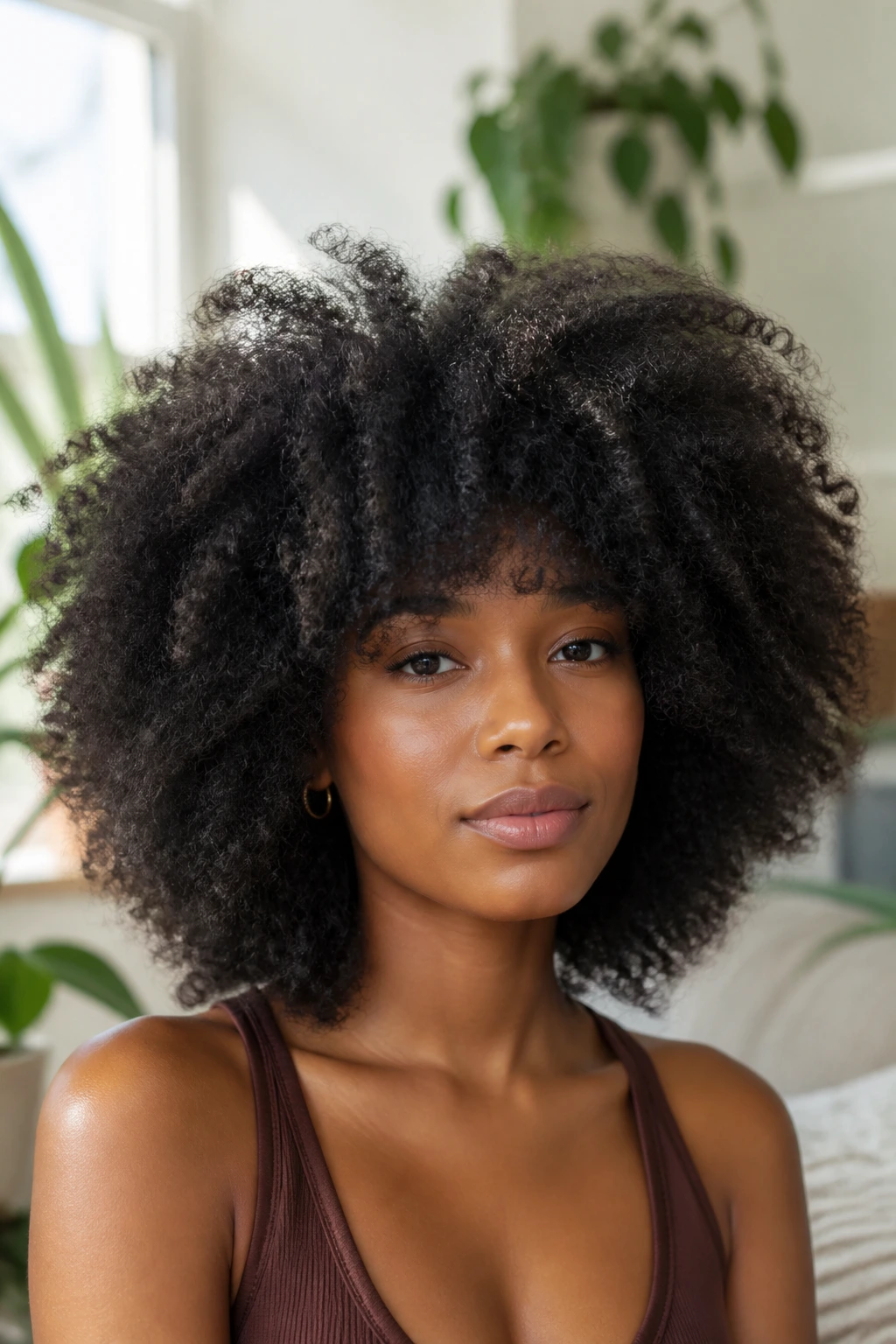 Close-up portrait of a real person with voluminous afro shag and integrated bangs.