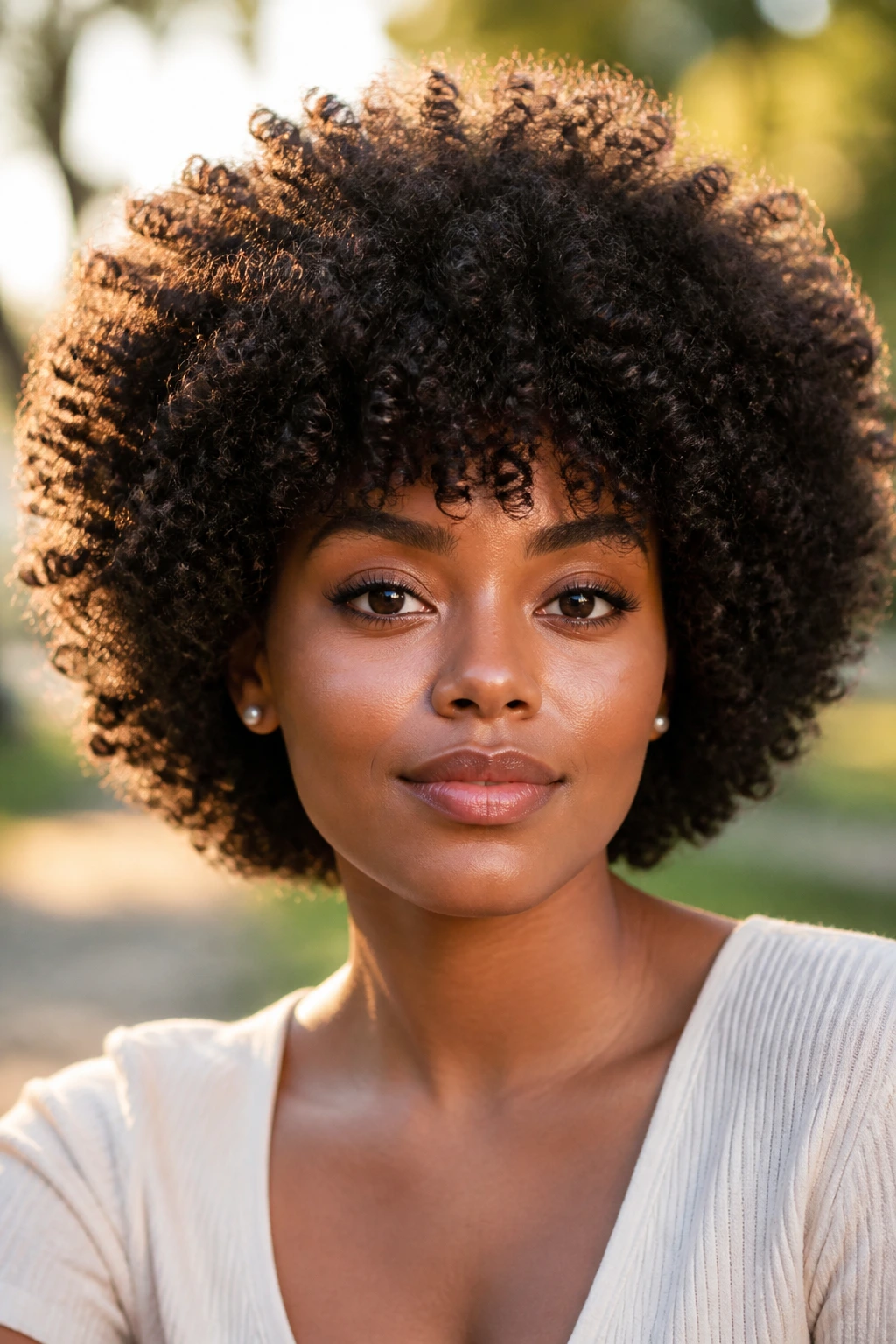 Close-up portrait of a person with a rounded afro-shag hairstyle in golden hour light.
