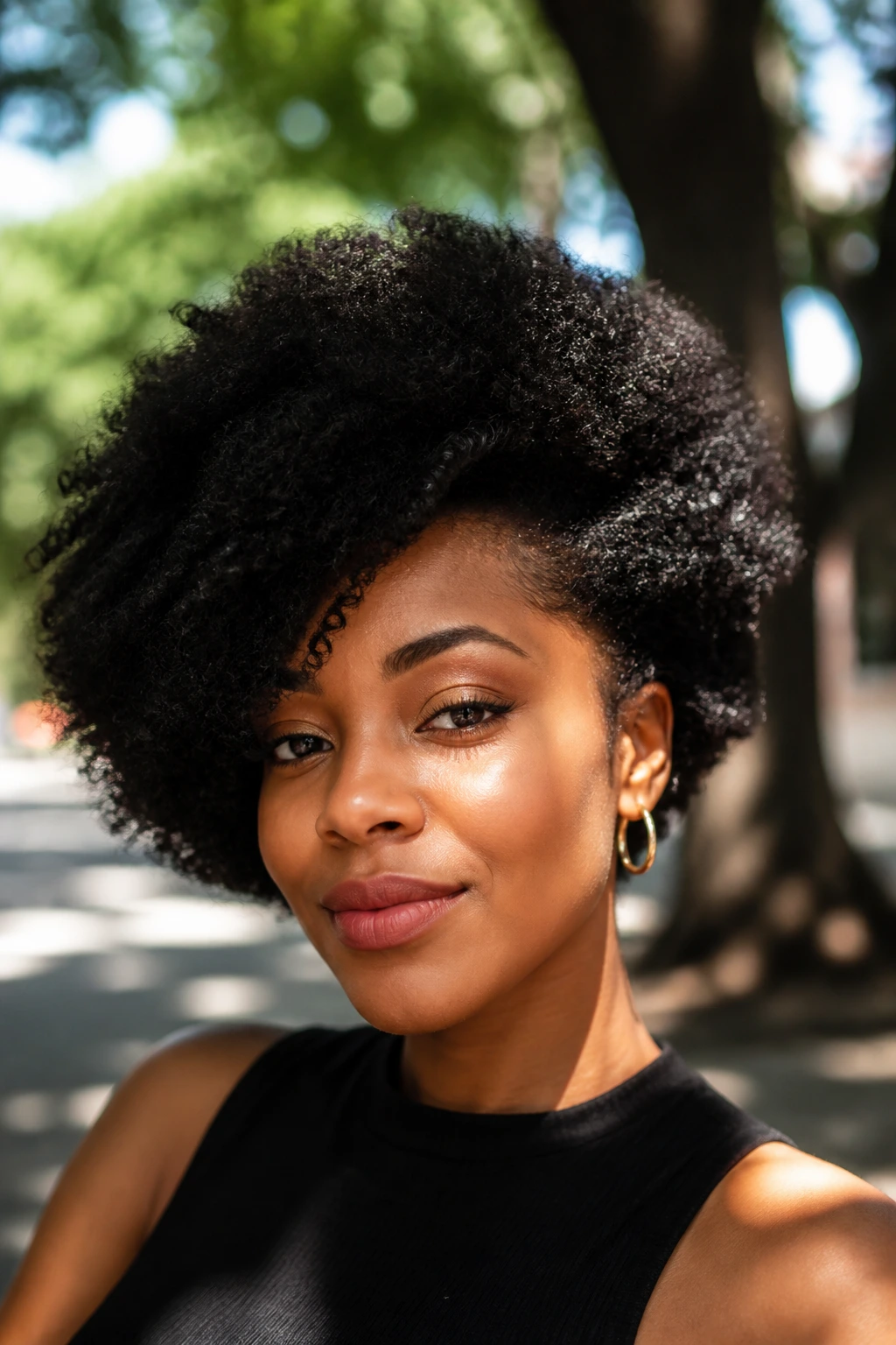 Close-up of a real woman with asymmetrical Afro sweep