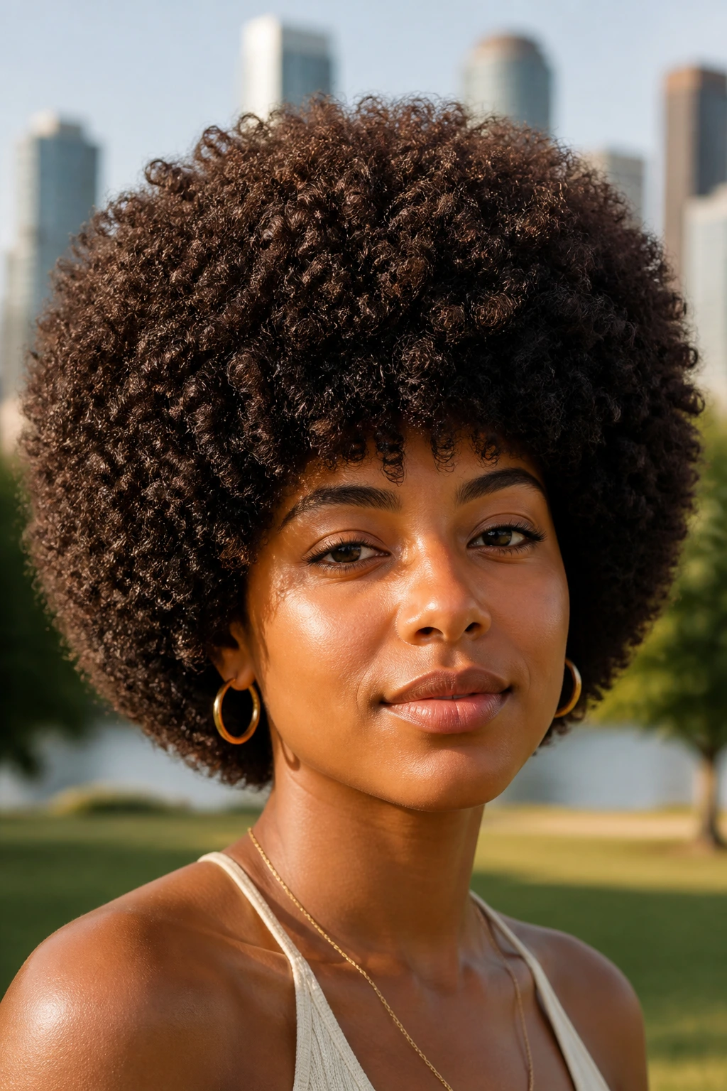Close-up of a real person with a spherical layered afro in soft sunlight outdoors.