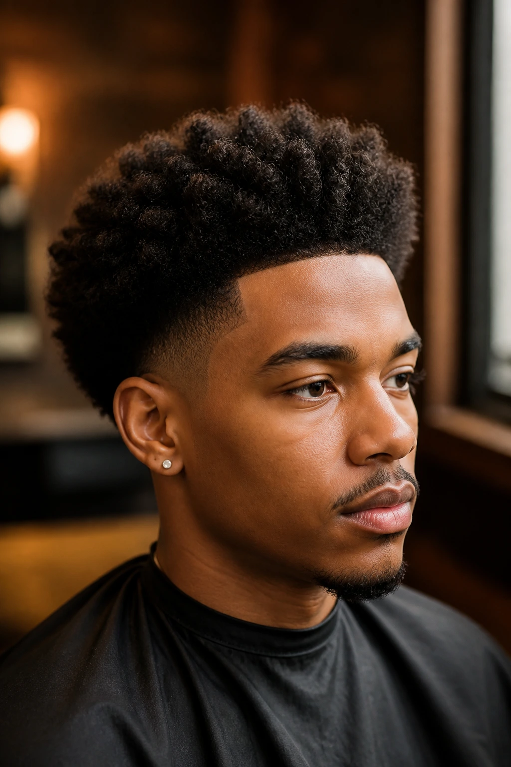 Close-up portrait of a real person with a natural afro taper in a warm salon setting
