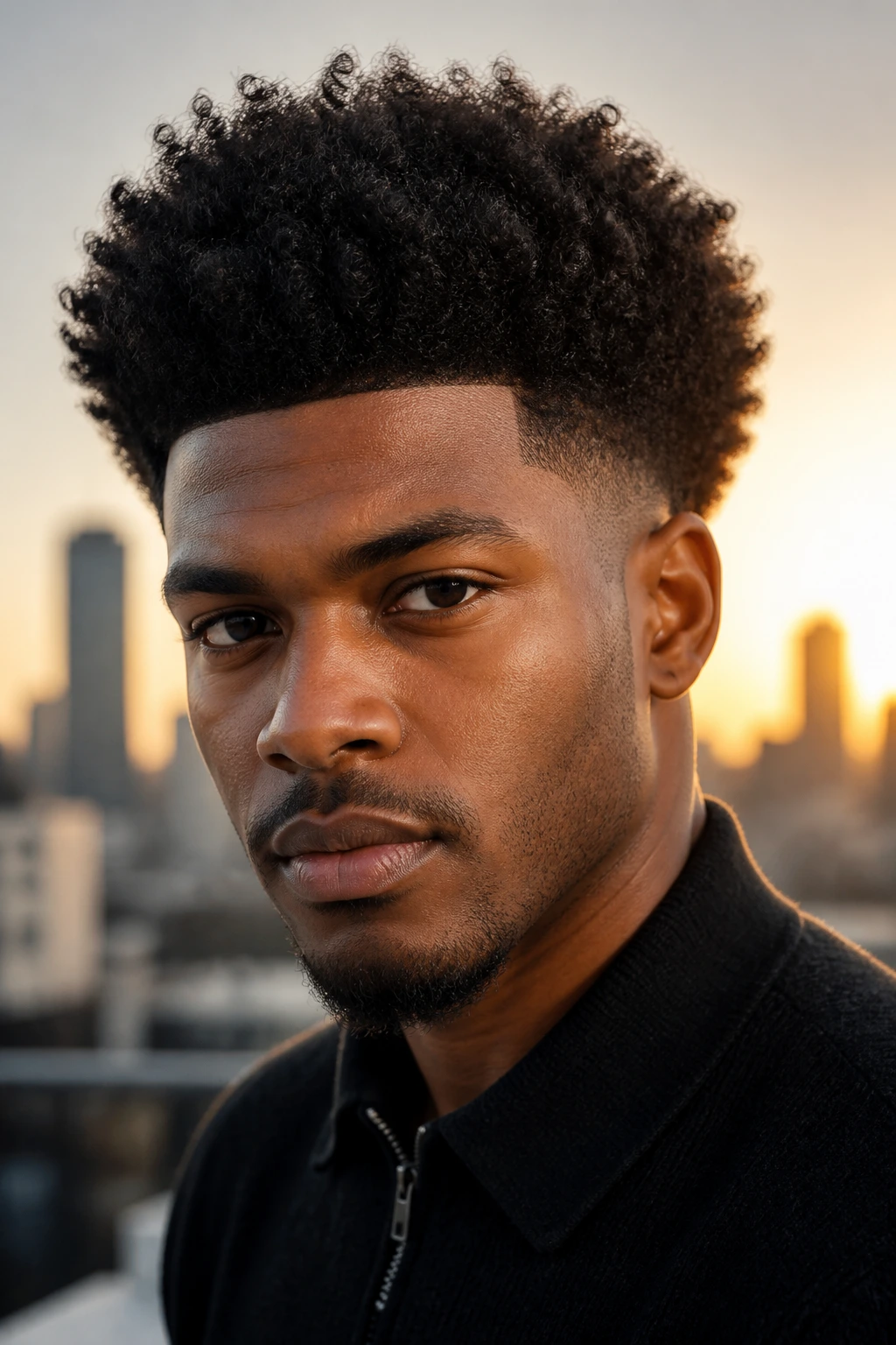 Portrait of a man with a rounded Afro-Taper against a sunset skyline