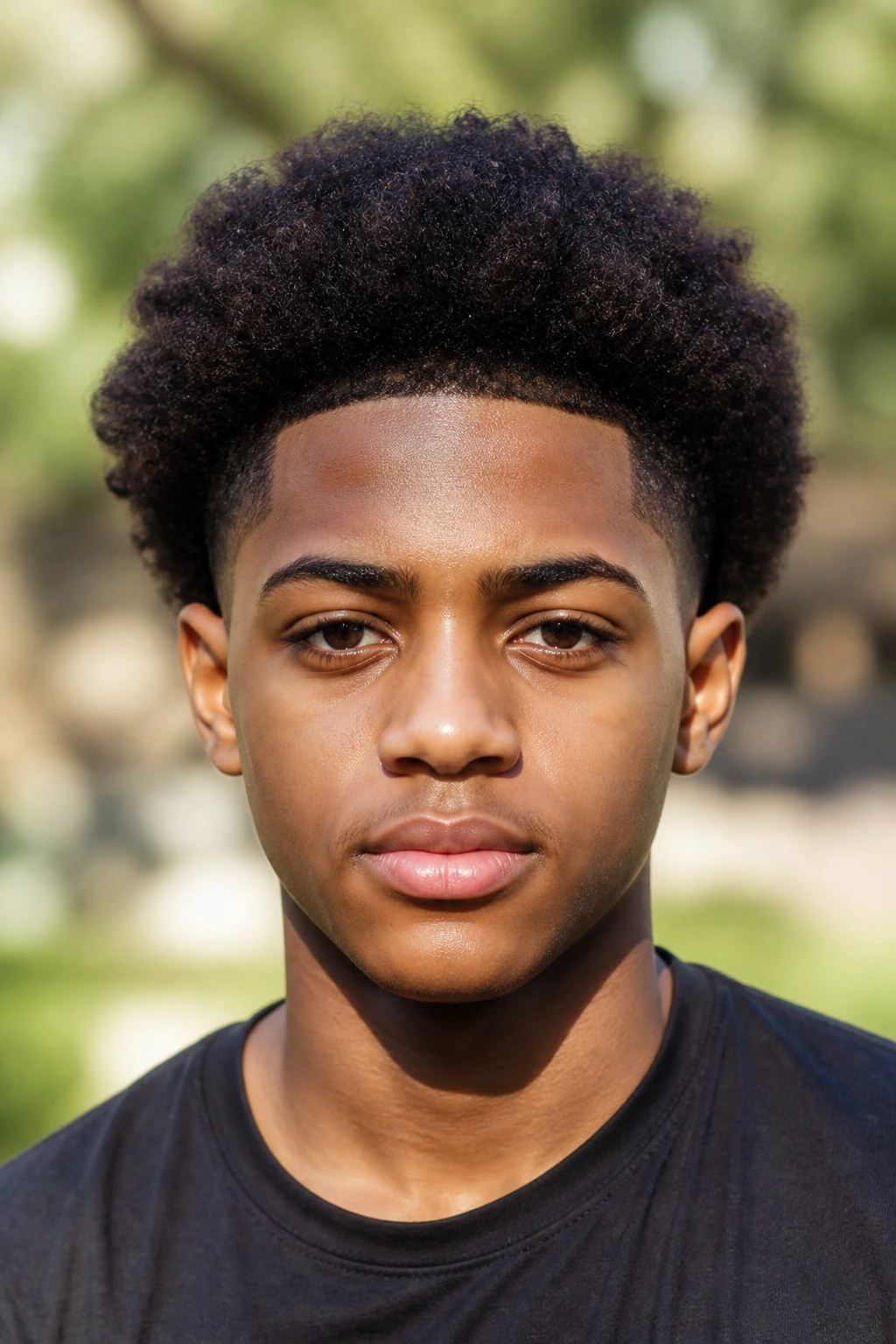 Teenager with a rounded natural afro and tapered sides outdoors