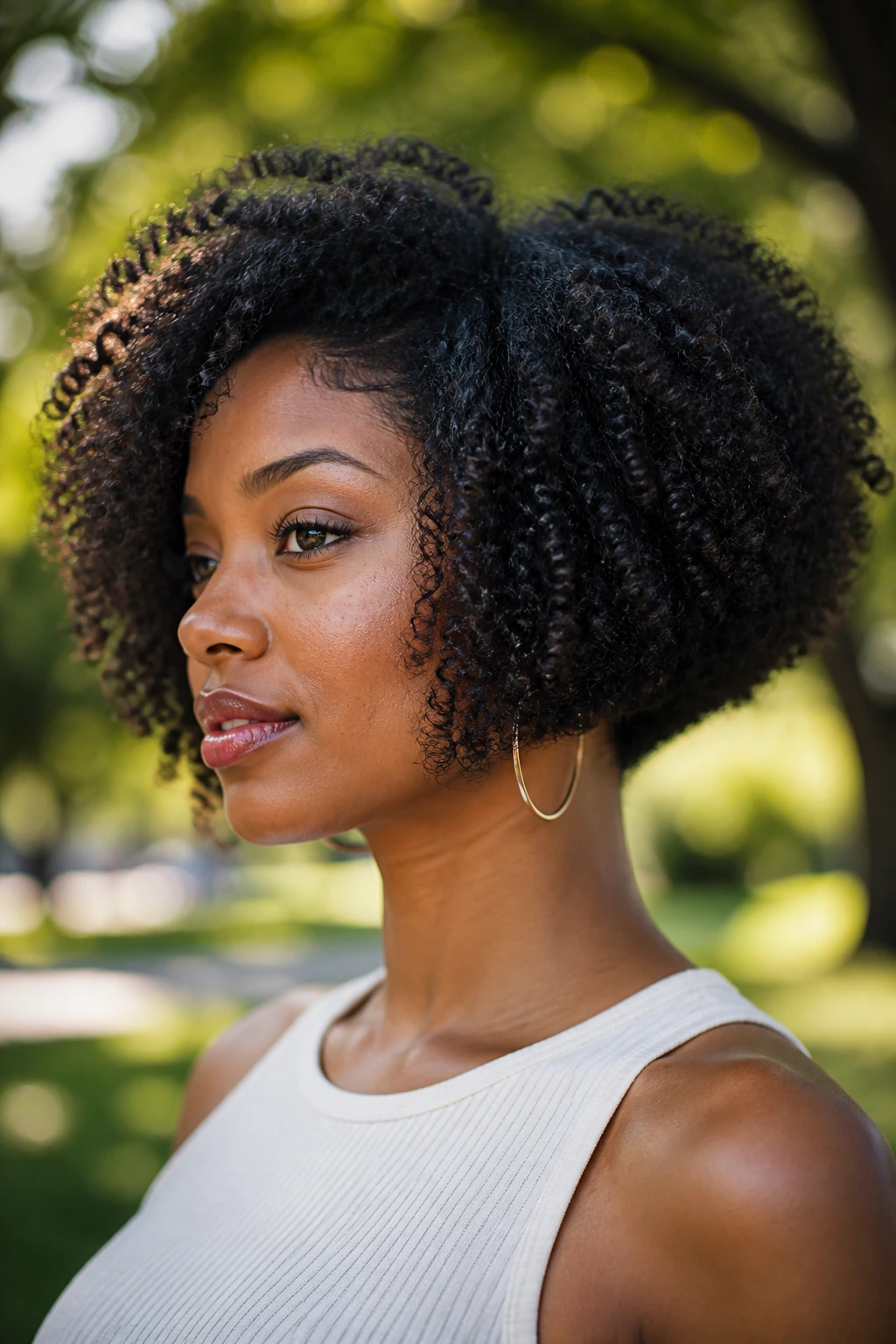 Close-up of a real woman with an afro-textured inverted bob in a sunlit park