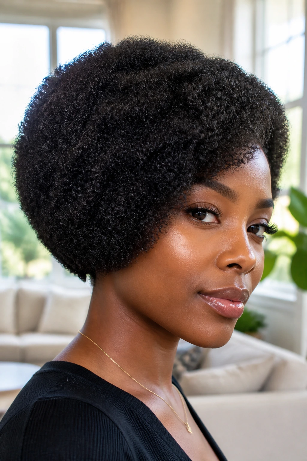 Close-up of a real woman with Afro-textured inverted bob showing rounded crown and volume