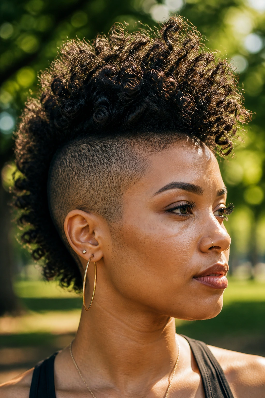 Close-up of a real person with a voluminous afro-textured mohawk