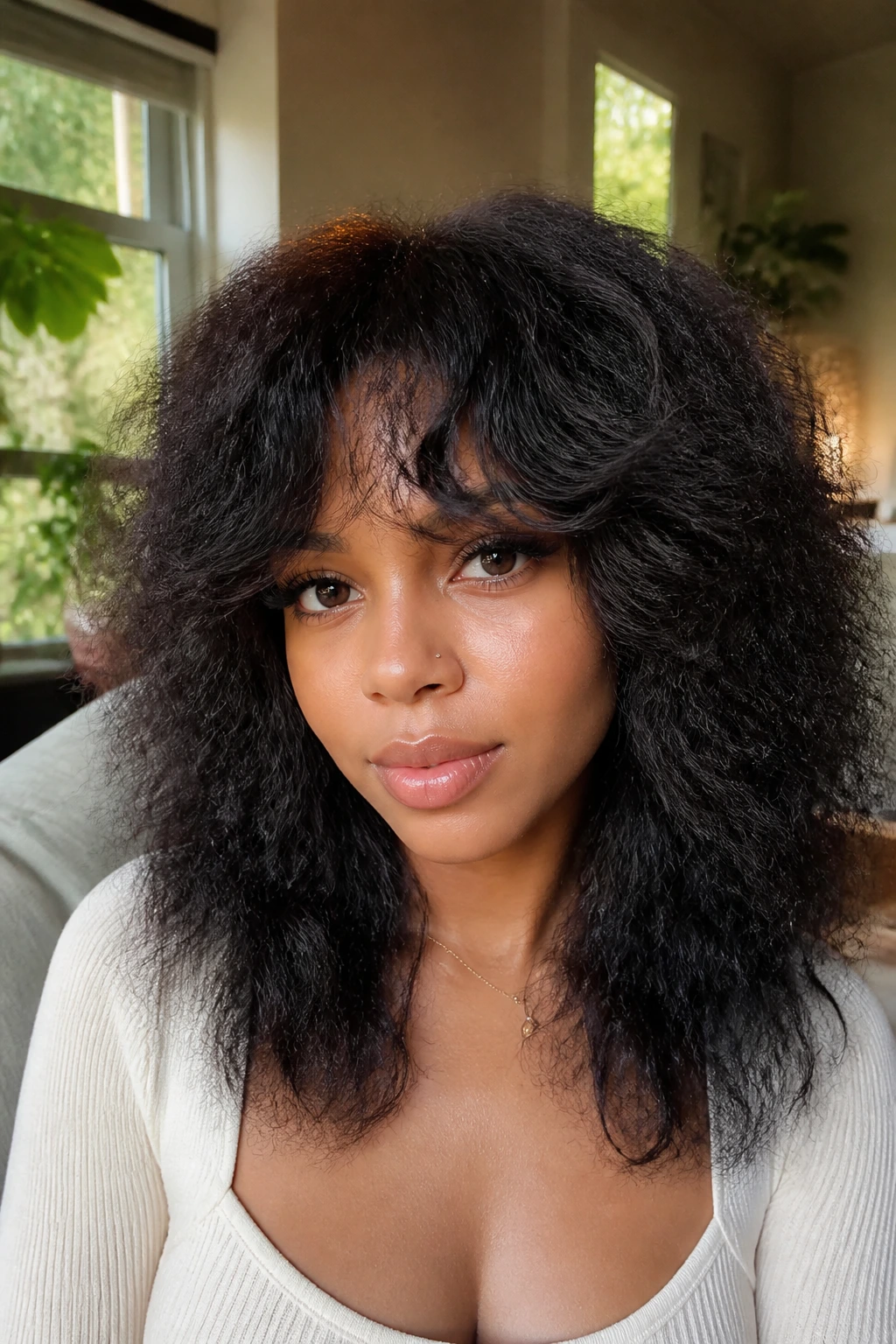 Close-up portrait of a real woman in an Afro-textured shag lace-front with curtain bangs in a cozy living room.
