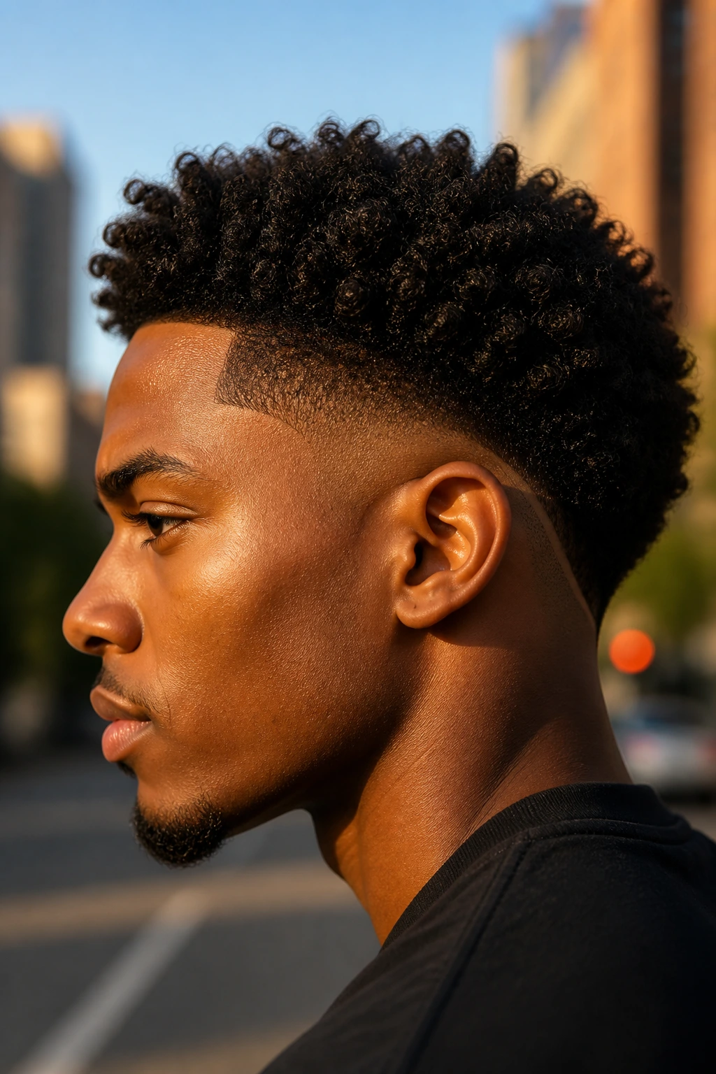 Close-up portrait of a real person with an Afro Textured Drop Undercut showing the curved undercut behind the ear and tight top coils.