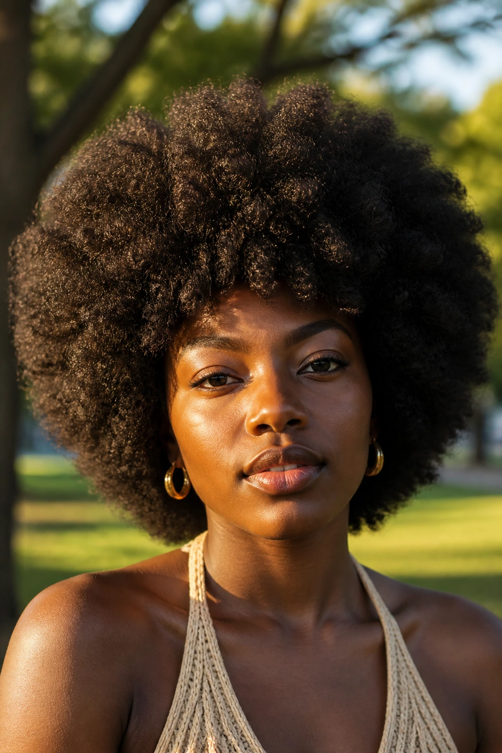 Real person with a rounded Afro hairstyle in golden hour outdoor setting