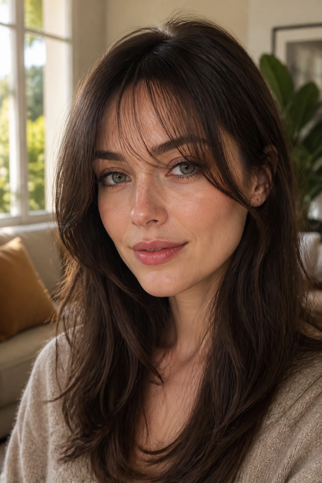Close-up portrait of a real woman with Air-Bang Sweep with Layered Edges highlighting a barely-there fringe