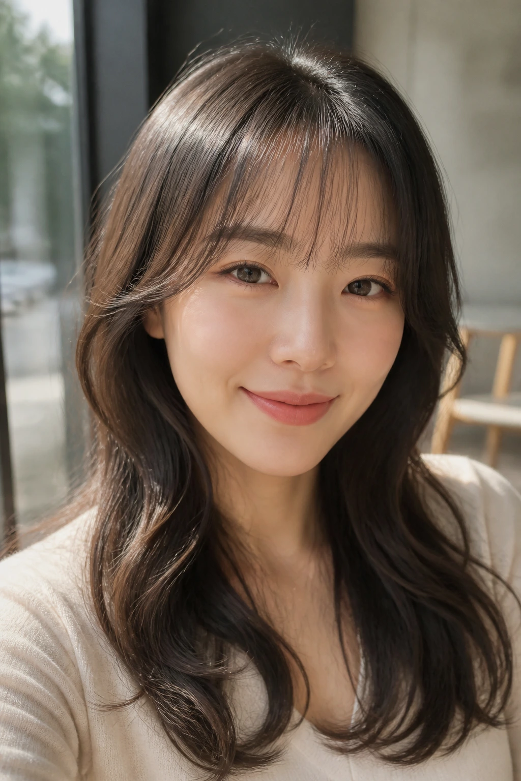 Portrait of a woman with wispy see-through air bangs and soft waves