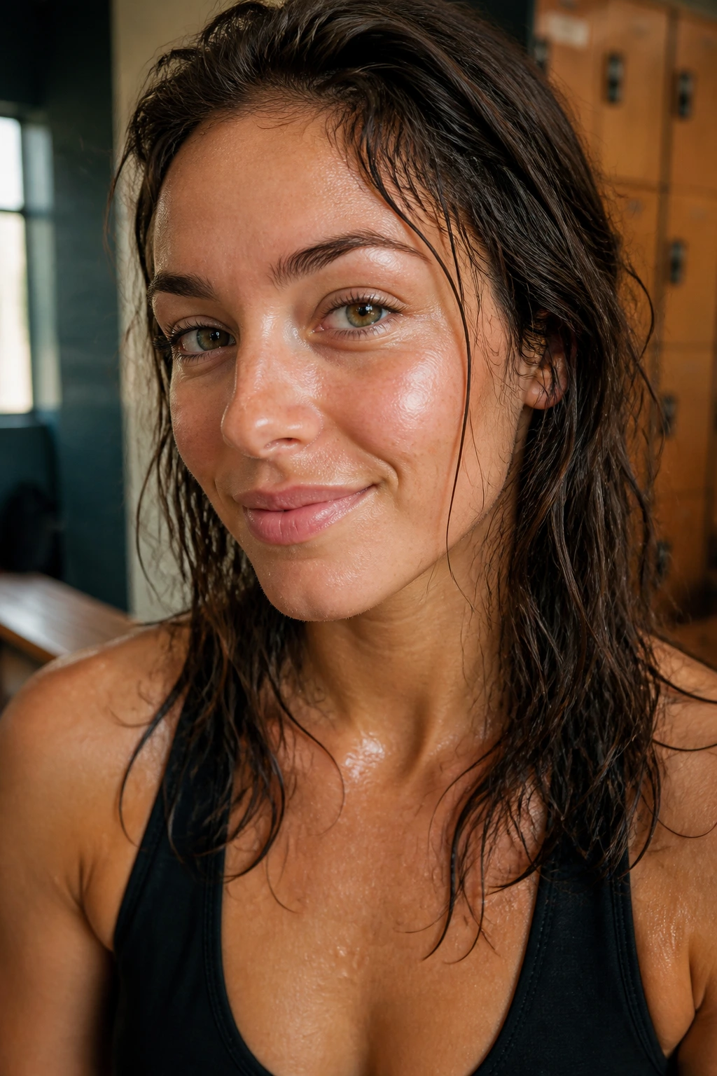 Close-up portrait of a real person with air-dried hair after a workout in a locker room