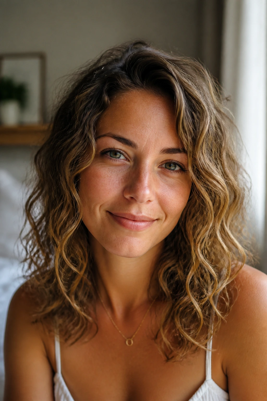 Close-up of a real person with air-dried natural wave hairstyle in a softly lit bedroom