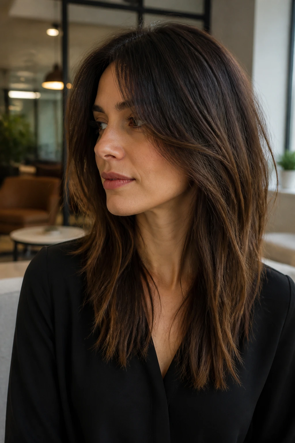 Close-up portrait of a real person with a natural air-dried shaggy angled cut in an office lounge