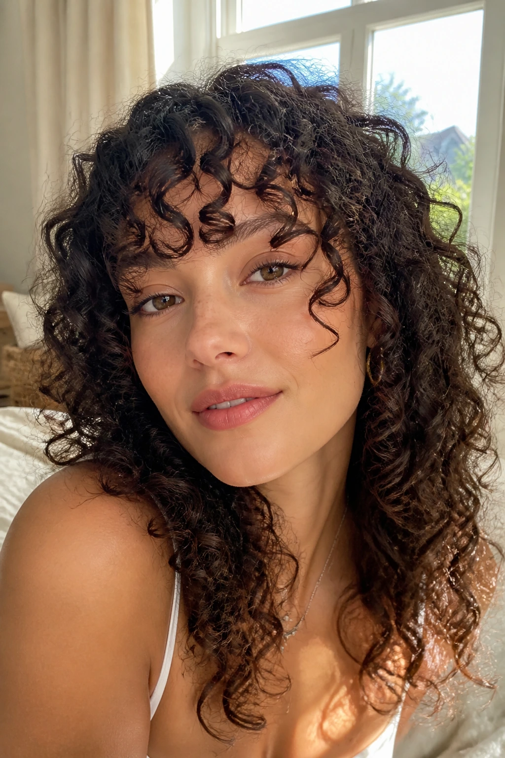 Close-up of a real person with soft air-dried spiral curls framing the face