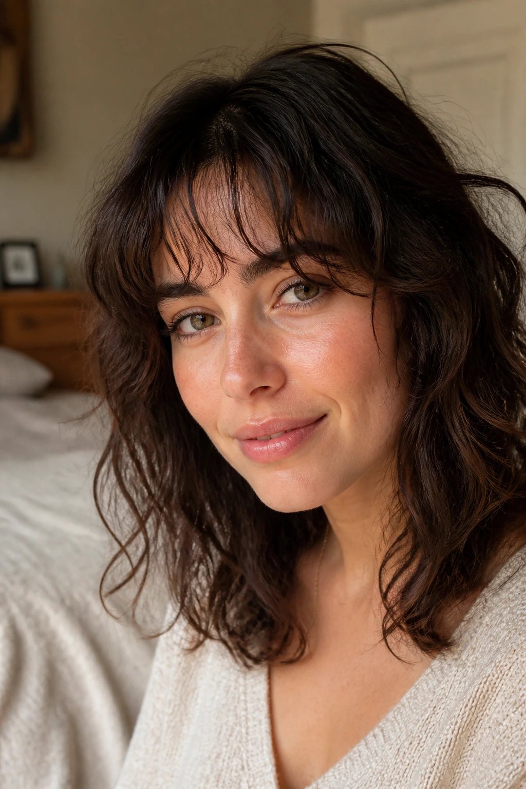 Close-up portrait of a real woman with air-dried wavy wisps framing the forehead