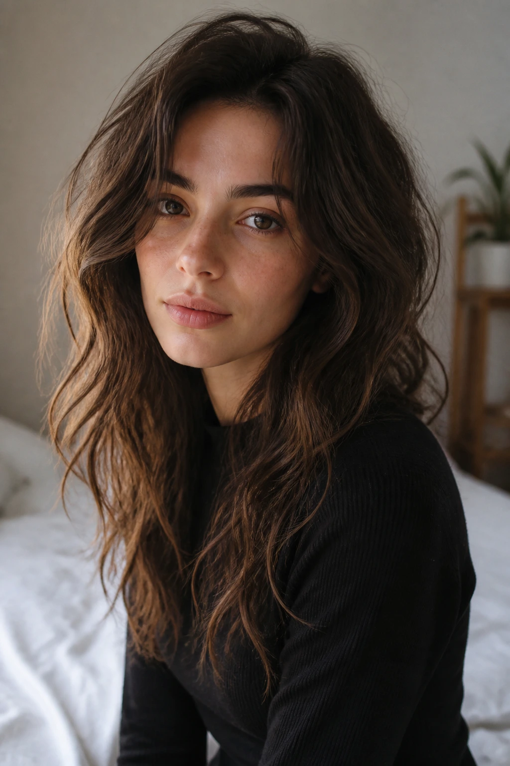 Real person with natural, air-dried waves in softly lit room