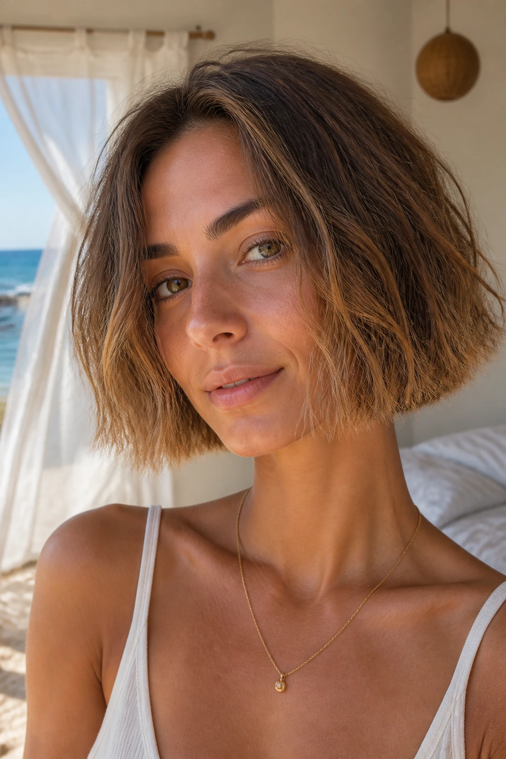 Close-up portrait of a real woman with an air-dry bob showing natural texture and sun-kissed tips