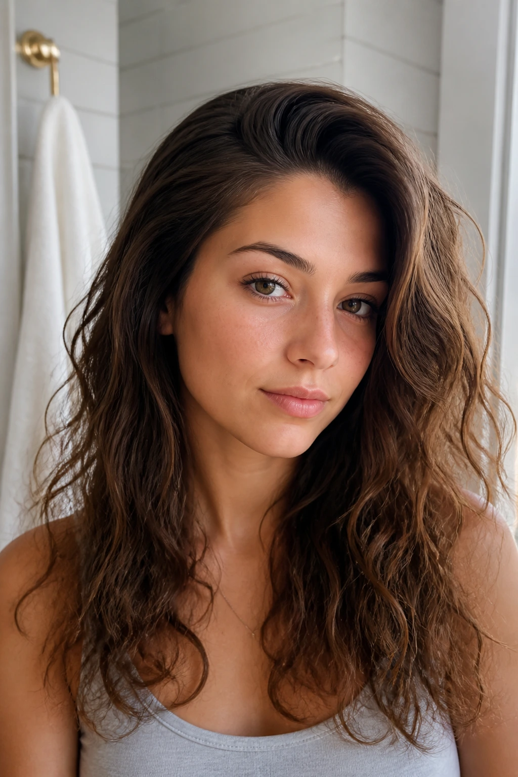 Close-up of a real woman with polished top hair and natural air-dry length in a softly lit bathroom