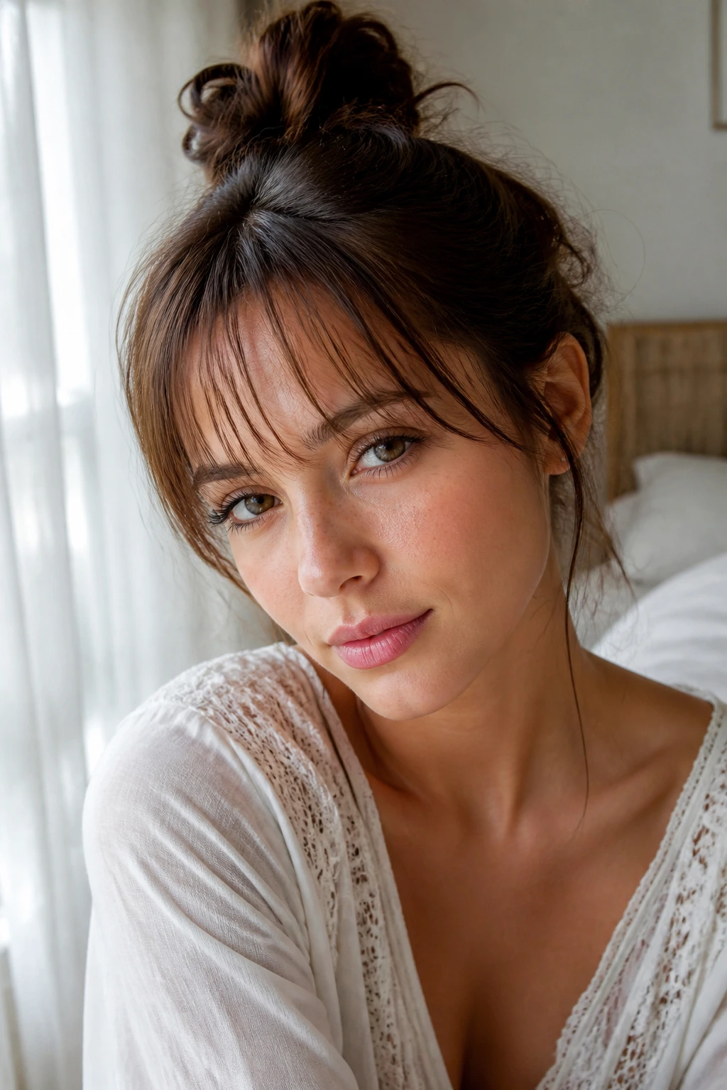 Portrait of a real person with airy see-through bangs in soft window light