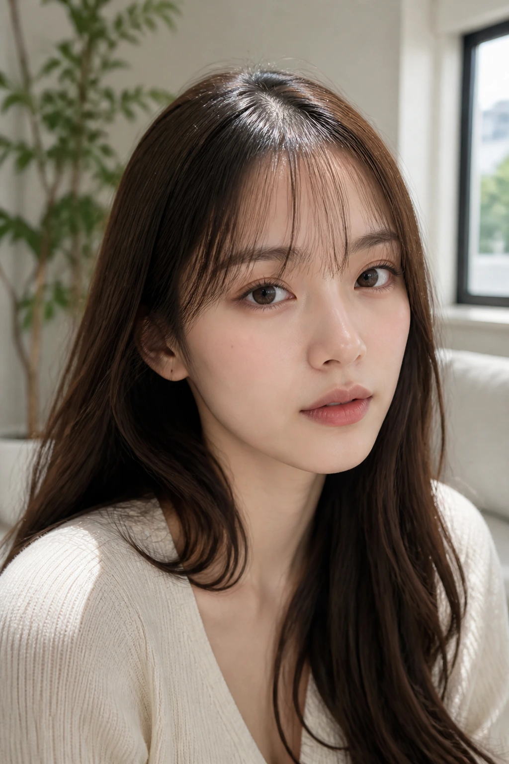 Real person with airy see-through bangs showing forehead