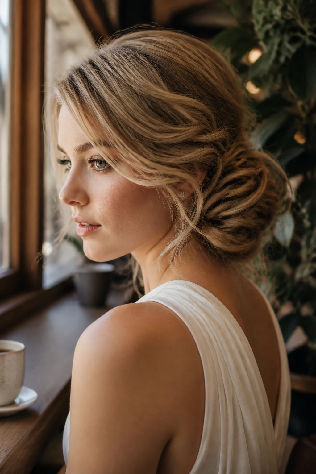 Close-up of a real woman with an airy side-swept chignon in warm daylight