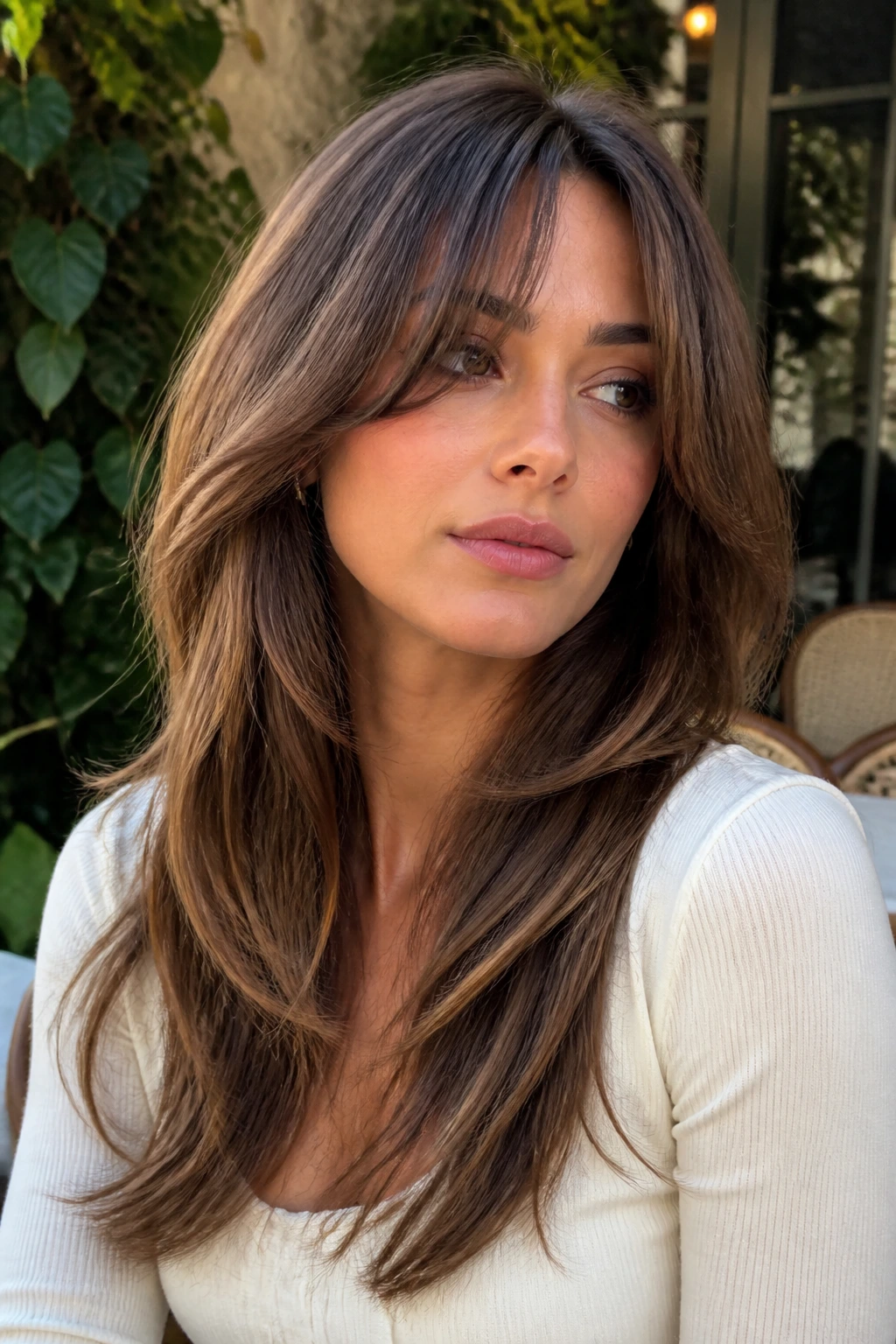 Woman with airy curtain bangs and deep-V back layering.
