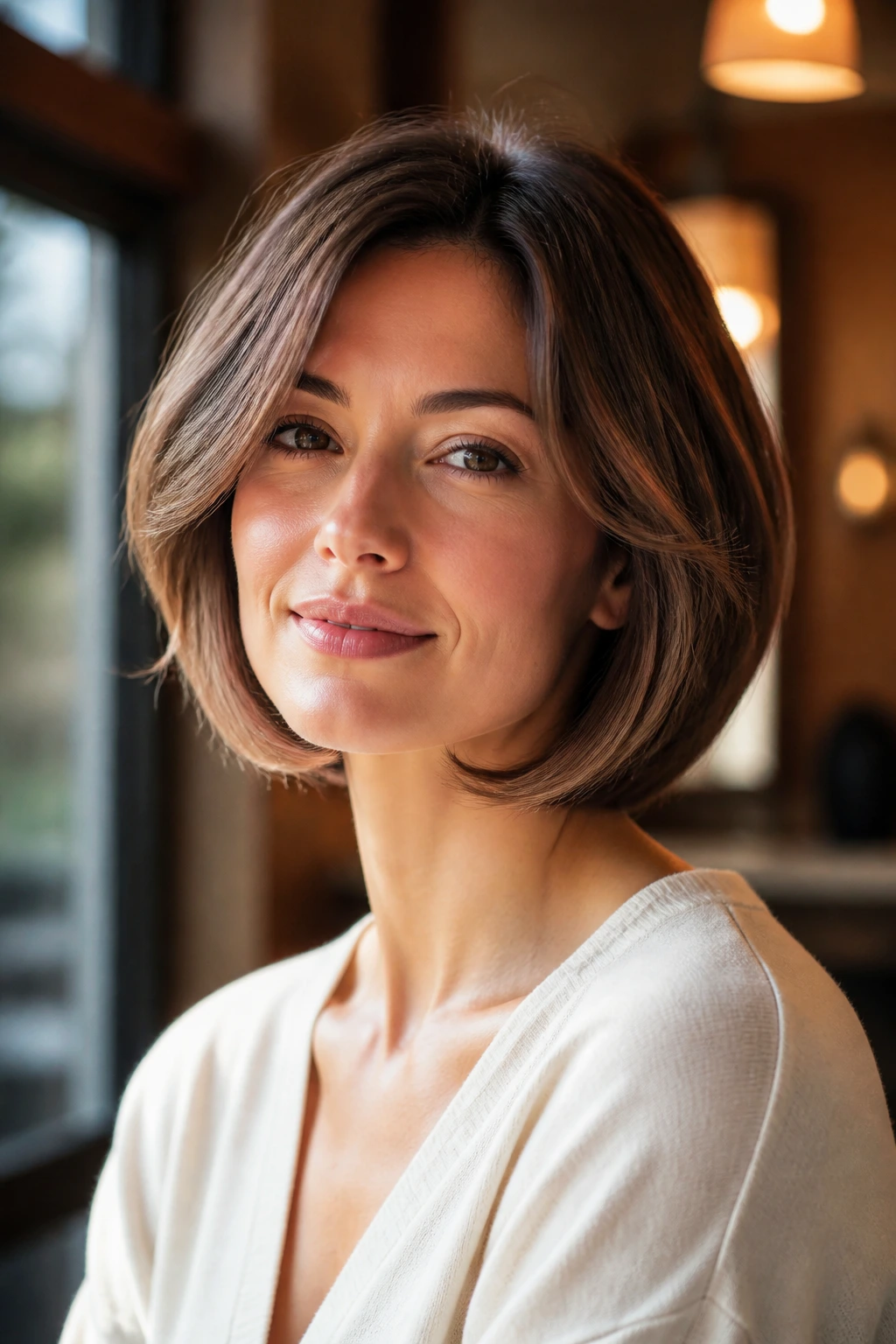 Close-up of a real woman with airy layered C-Curve bob.