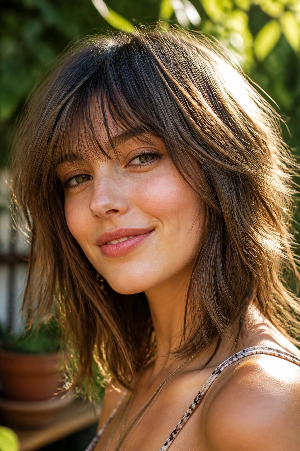 Real woman with airy shag fringe in sunlit outdoor setting.