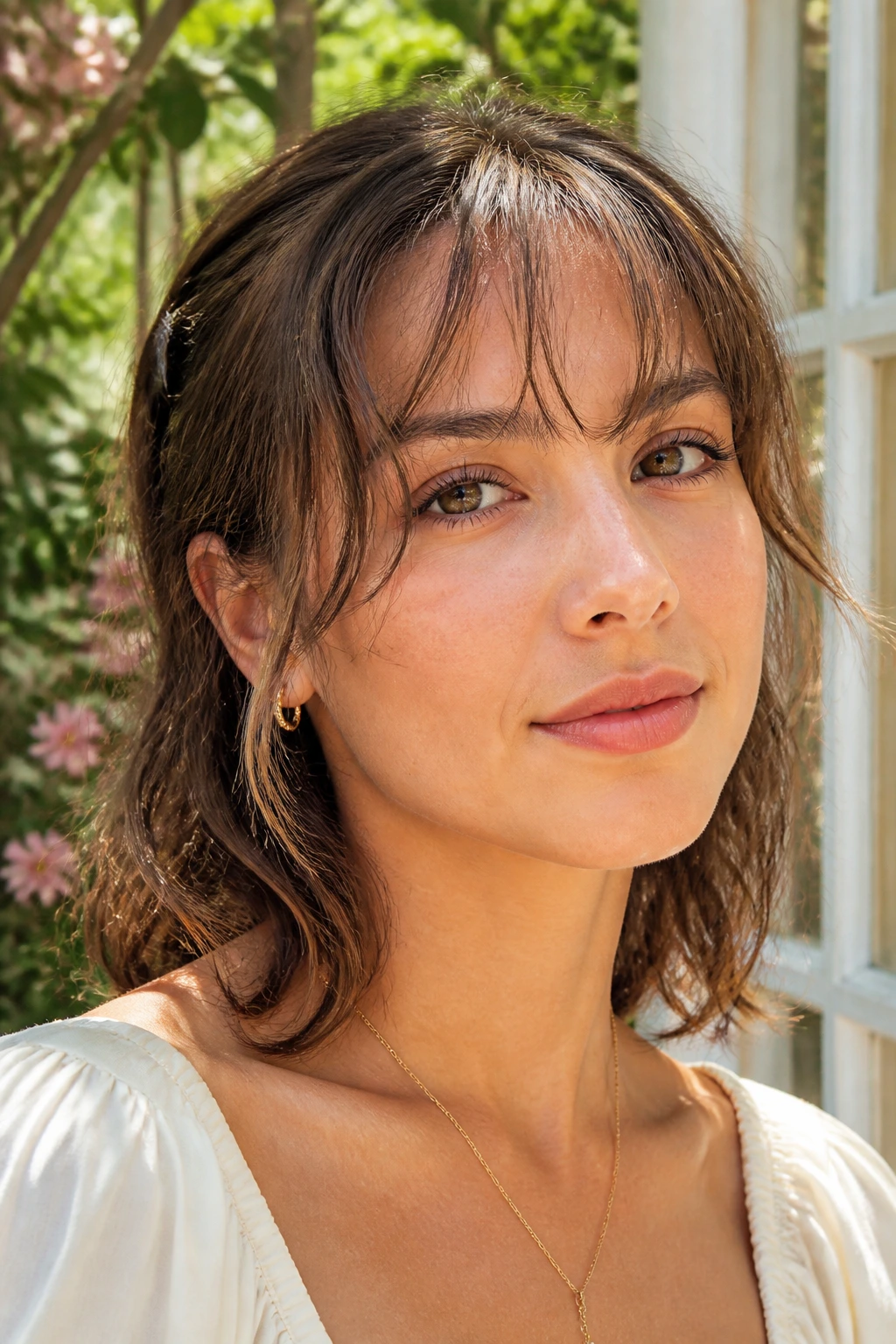 Close-up portrait of a woman with an airy spidery fringe in bright sunlight.