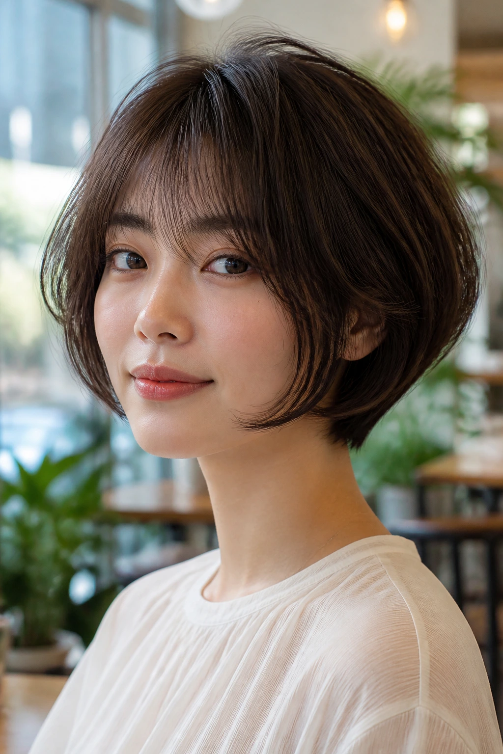 Close-up of a real woman with airy volume short bob and curved jawline frame