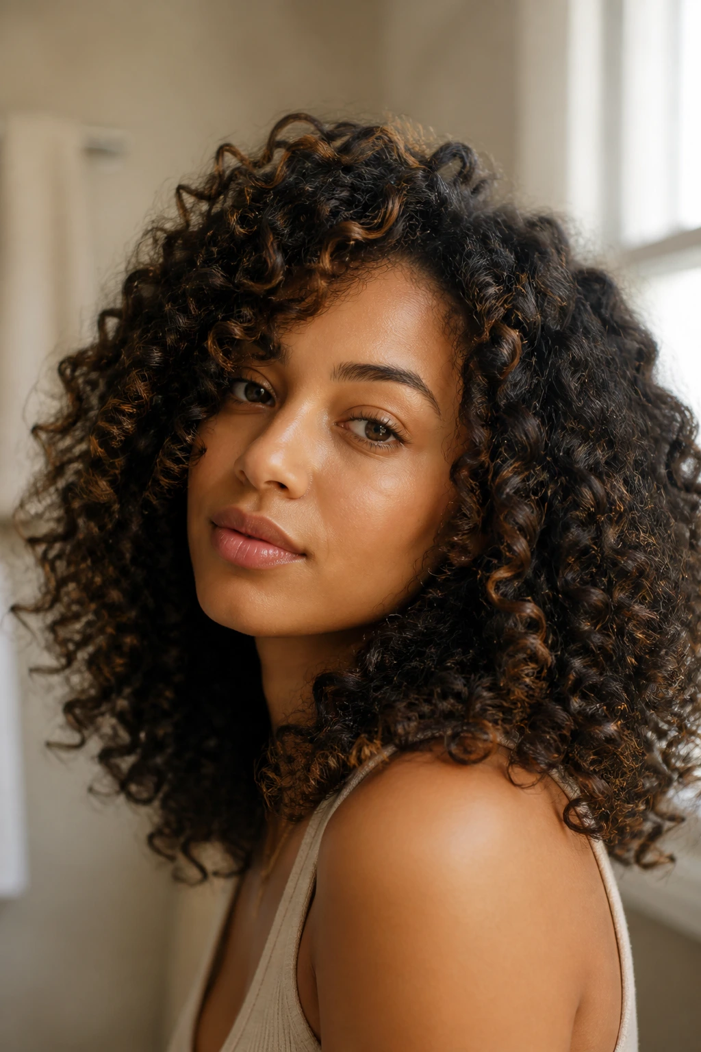 Close-up portrait of a real person with hydrated curly hair in a bathroom, demonstrating alcohol-free hair care