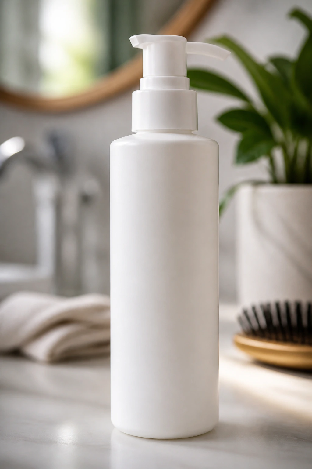 Label-free leave-in conditioner bottle on a bright bathroom vanity