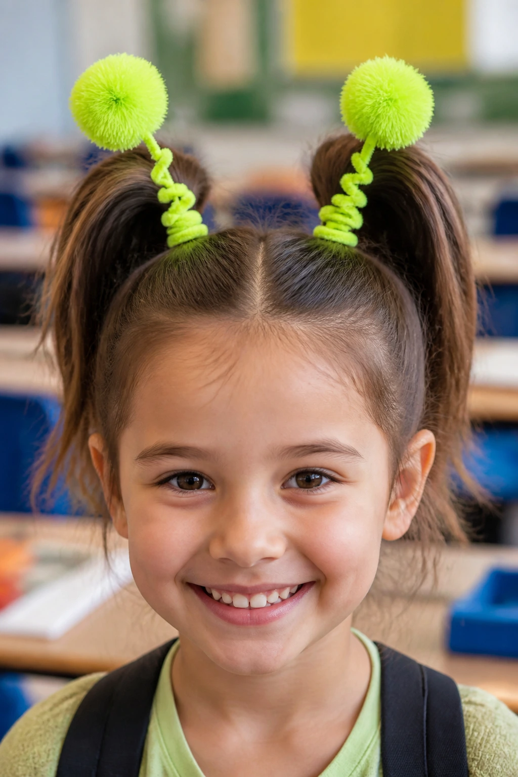 Close-up of a child with neon antenna puff balls on high pigtails in a classroom