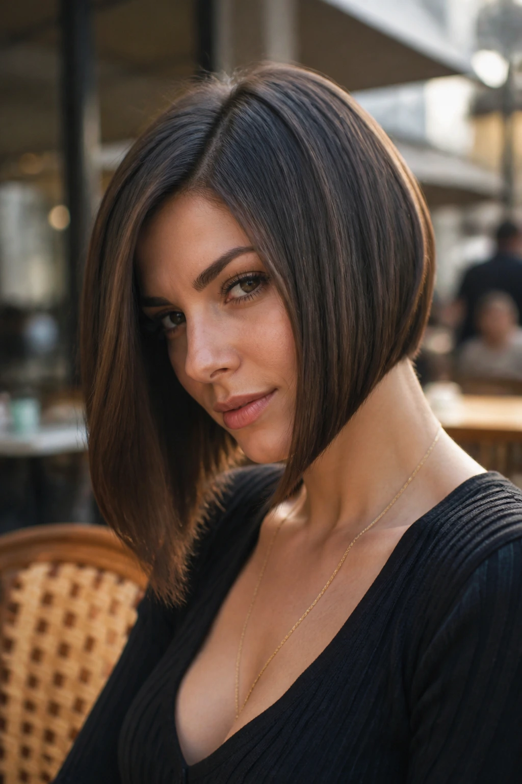 Portrait of a woman with a dramatic A-line angled bob