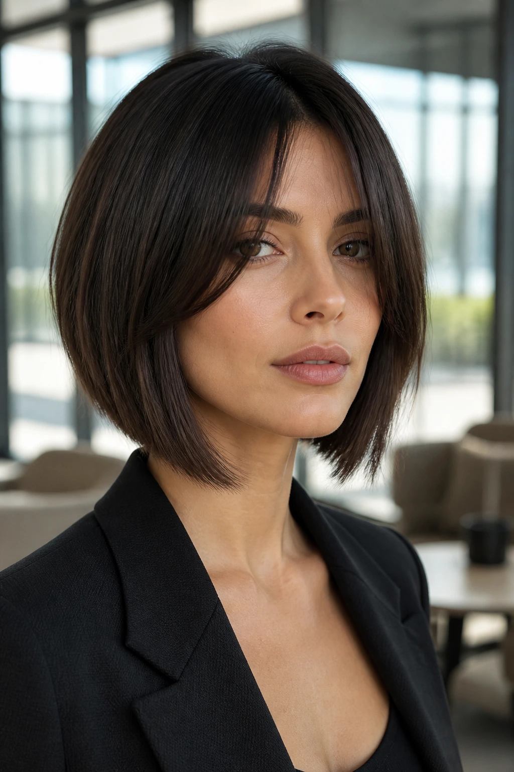 Close-up of a woman with A-line bob and sweeping curtain bangs in an office lobby