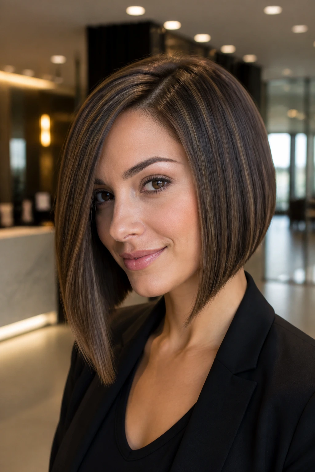 Close-up of a real woman with an angled A-line bob.