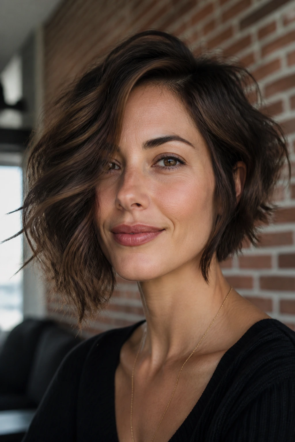 Close-up portrait of a real woman with an A-Line wavy bob framing the jawline.