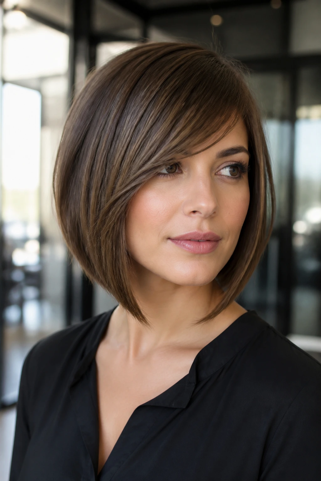 Close-up portrait of a real woman with A-line bob and side-swept fringe.