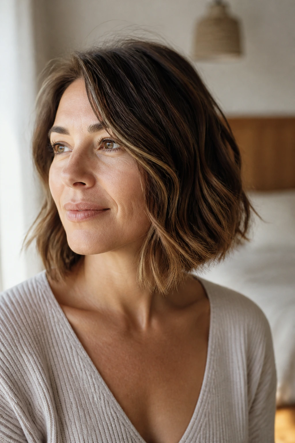Close-up portrait of a real woman with an A-Line Bob with Soft Waves in warm natural light.